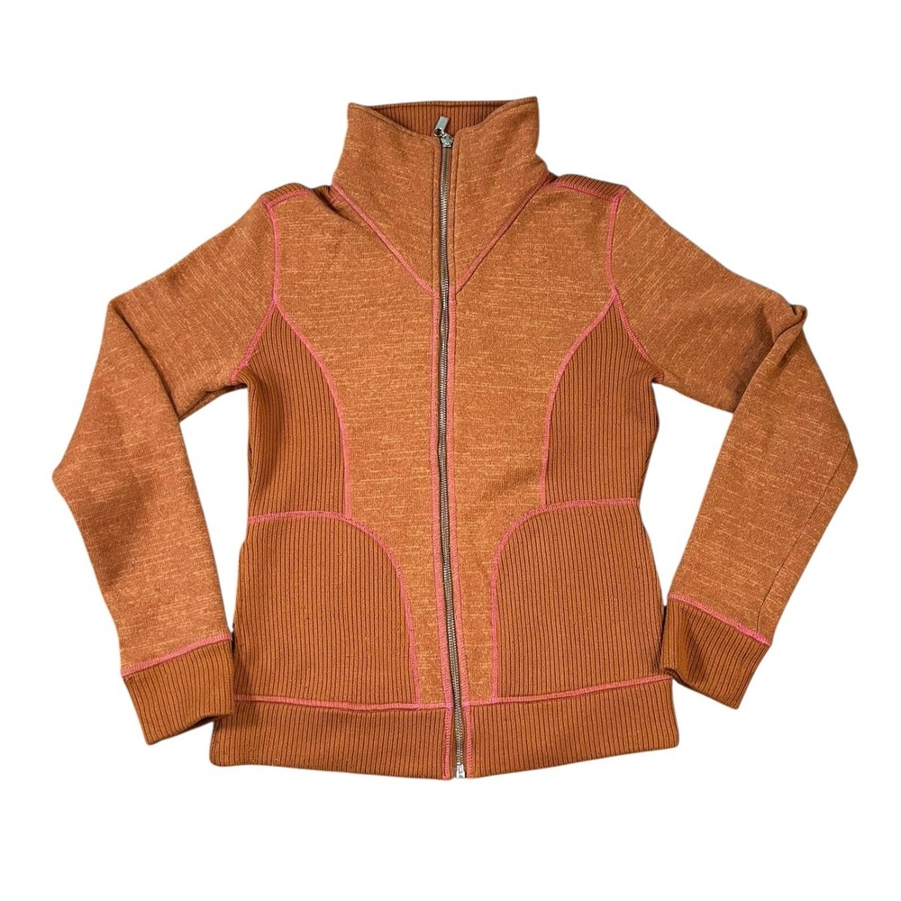 Prana Orange Zip-Up Sweater Jacket with Pink Contrast Stitching